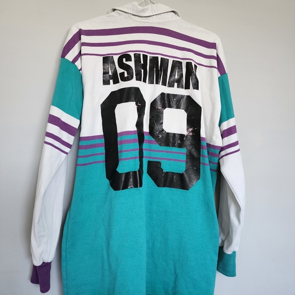 School Shirt Vintage Retro Mens Aqua Green Purple Stripe Longsleeve Sweatshirt - Picture 3 of 4